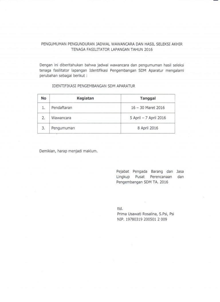 PENGUMUMAN PENGUNDURAN JADWAL WAWANCARA DAN HASIL SELEKSI AKHIR TENAGA FASILITATOR LAPANGAN TAHUN 2016